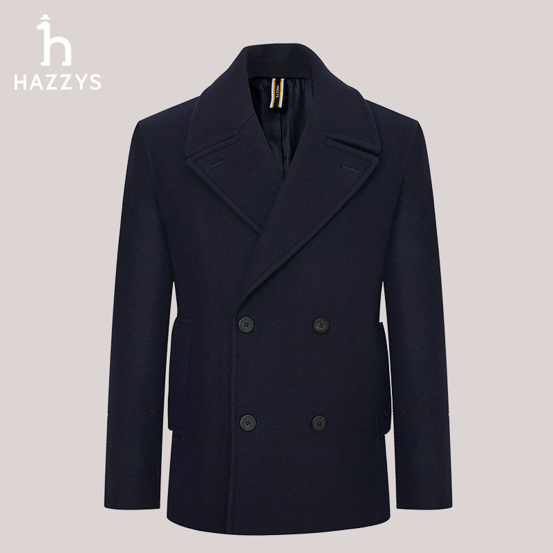 HAZZYS哈吉斯秋冬男士简约休闲时尚毛呢大衣双排扣外套上衣潮