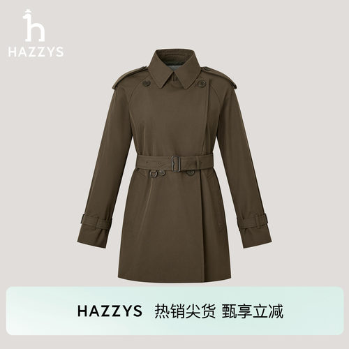 Hazzys哈吉斯女士双排扣中长款风衣秋冬季时尚通勤纯色宽松外套