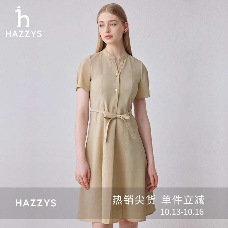 Hazzys哈吉斯女装夏季英伦风圆领显瘦短袖潮流时尚通勤休闲连衣裙