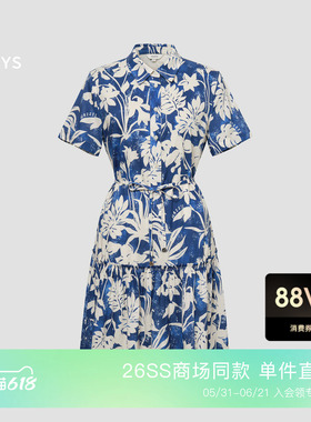 【商场同款】Hazzys哈吉斯印花连衣裙女夏季新款蓝色短袖宽松裙子