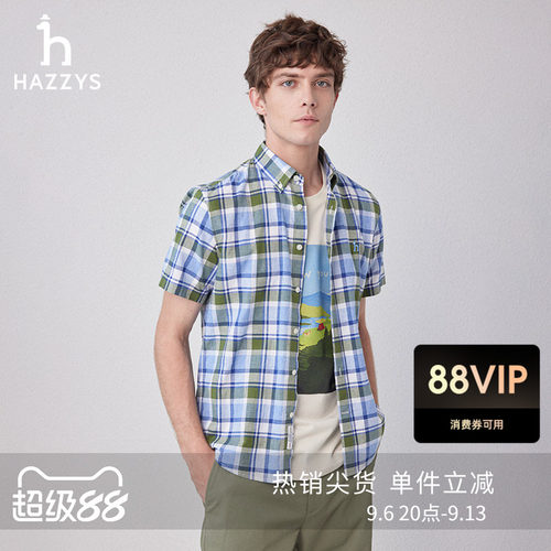 hazzys休闲格子短袖衬衫