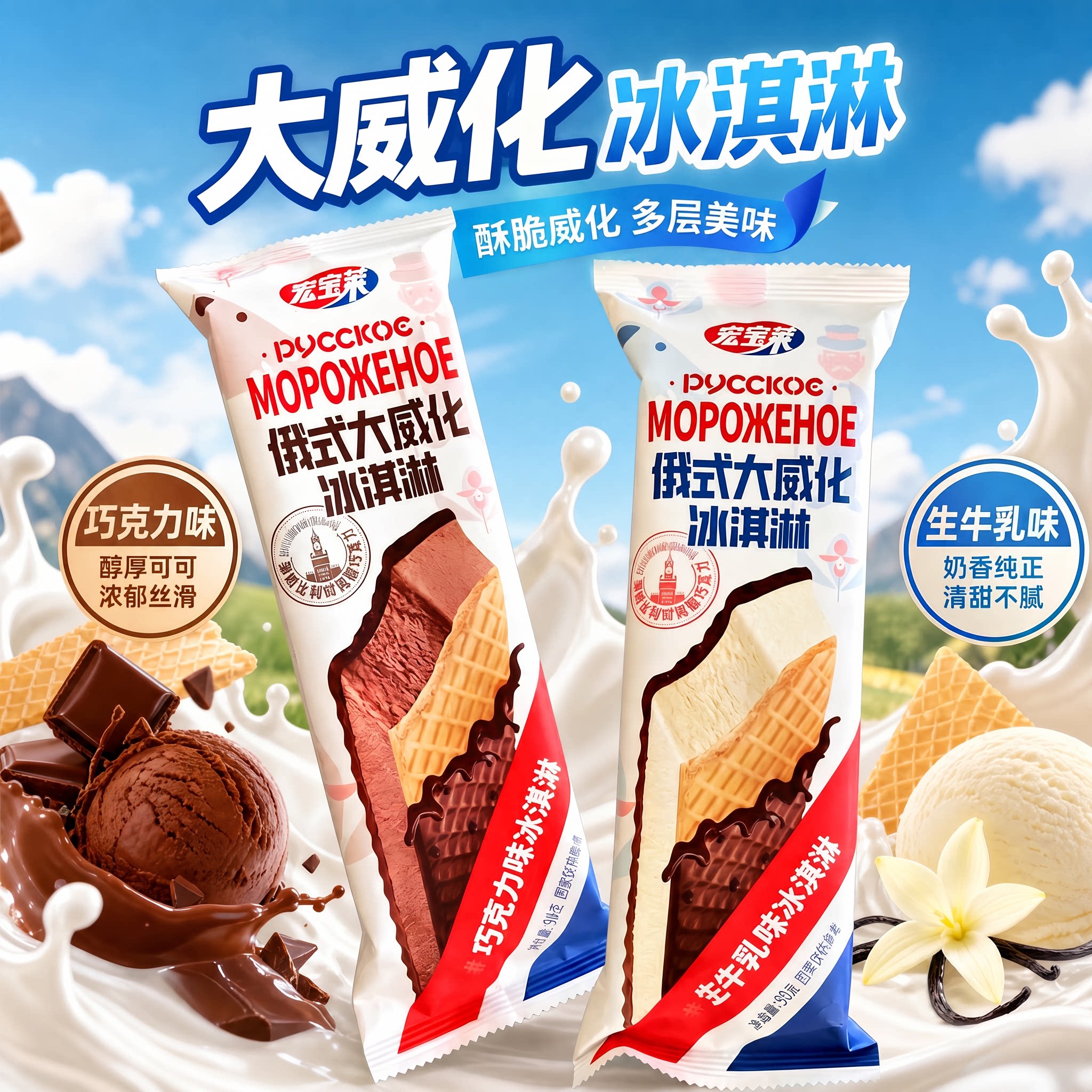 【26年新品】宏宝莱大威化冰淇淋俄式大蛋筒雪糕网红同款包邮