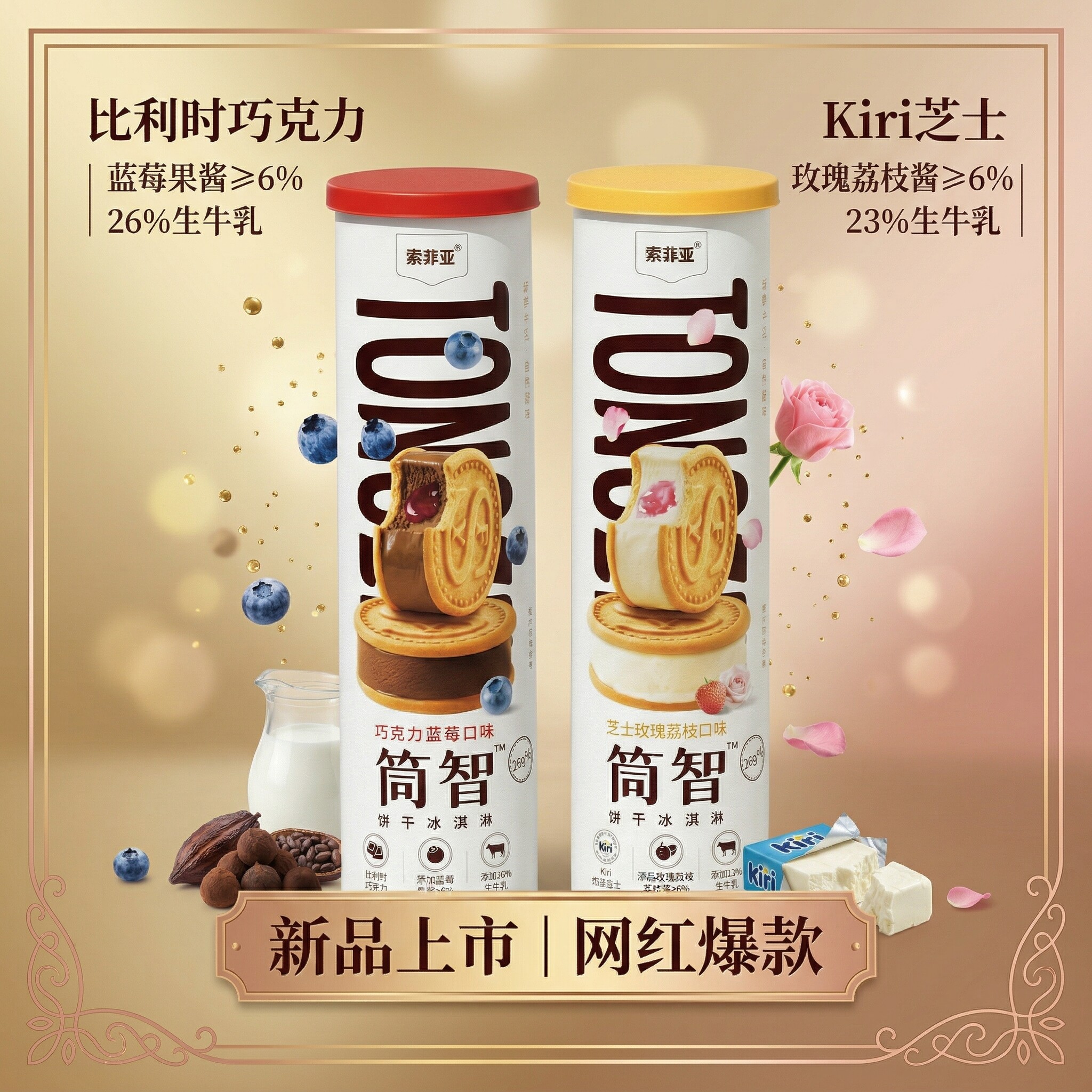 26新品索菲亚筒智芝士玫瑰荔枝巧克力蓝莓口味饼干冰淇淋180g雪糕