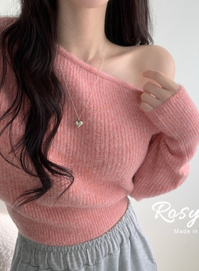 Rose欧尼一字肩修身长袖针织衫