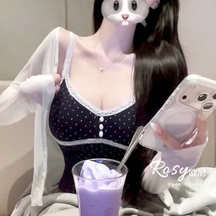 Rose欧尼 韩国代购蕾丝拼接波点吊带背心女外穿内搭打底开衫套装