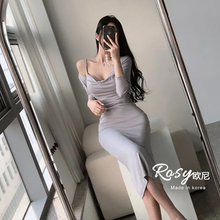 两件套女中长裙套装 御姐风荡领吊带连衣裙开衫 韩国代购 Rose欧尼
