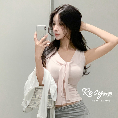 夏季V领绑带修身短款上衣