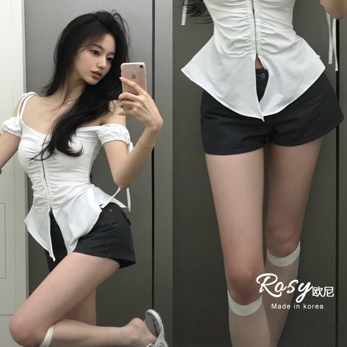 Rose欧尼 韩国代购复古做旧破洞直筒宽腿牛仔短裤女