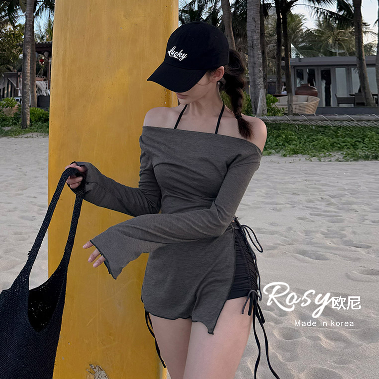 Rose欧尼 韩国代购一字领上衣女斜肩+分体平角比基尼泳衣三件套