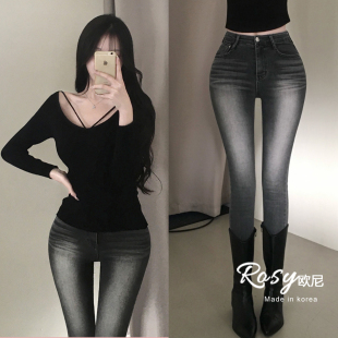 Rose欧尼 韩国代购复古高腰紧身牛仔裤女修身显瘦丰胯小脚铅笔裤