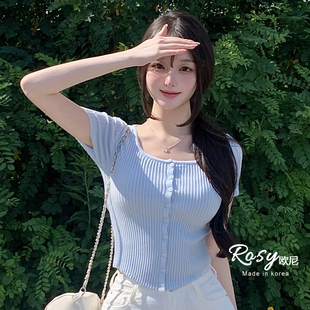 T恤女 Rose欧尼 韩国代购 修身 纯色性感方领短袖