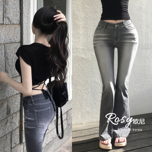 Rose欧尼 韩国代购复古低腰微喇牛仔裤女修身显瘦辣妹风长裤