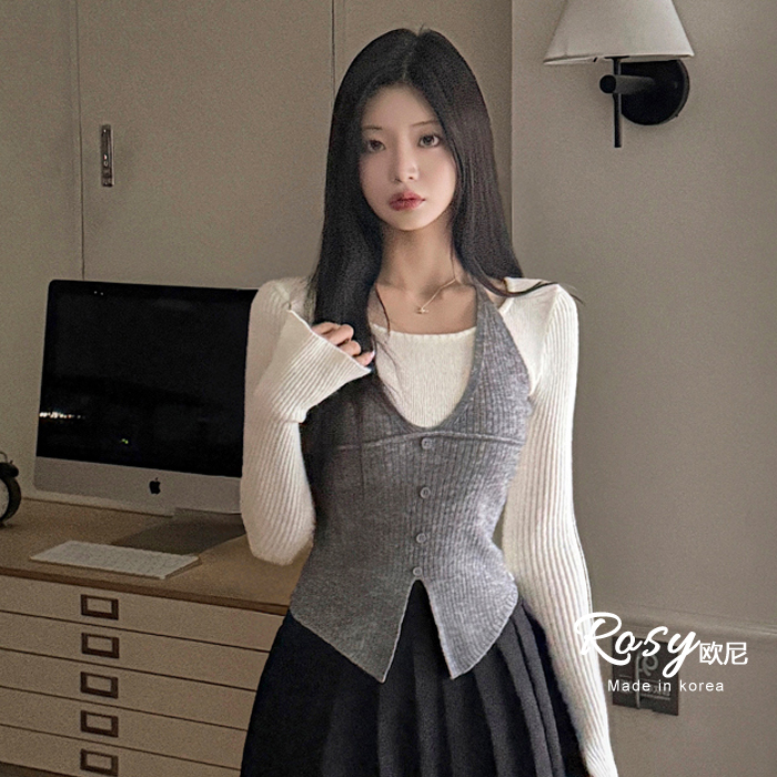 挂脖吊带背心+针织衫假两件套装