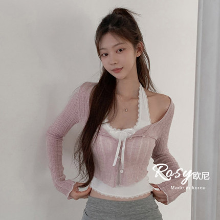 Rose欧尼 韩国代购温柔少女风蕾丝拼接吊带+针织开衫女春夏套装