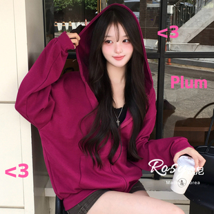 Rose欧尼 韩国代购慵懒风连帽卫衣开衫外套女宽松松弛感短款拉链