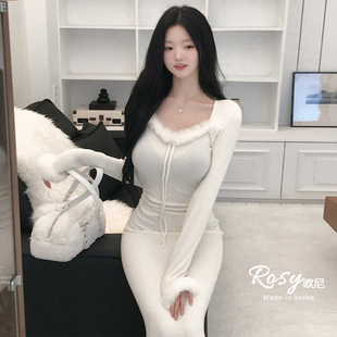 修身 针织连衣裙女V领长袖 显瘦气质裙 韩国代购 Rose欧尼