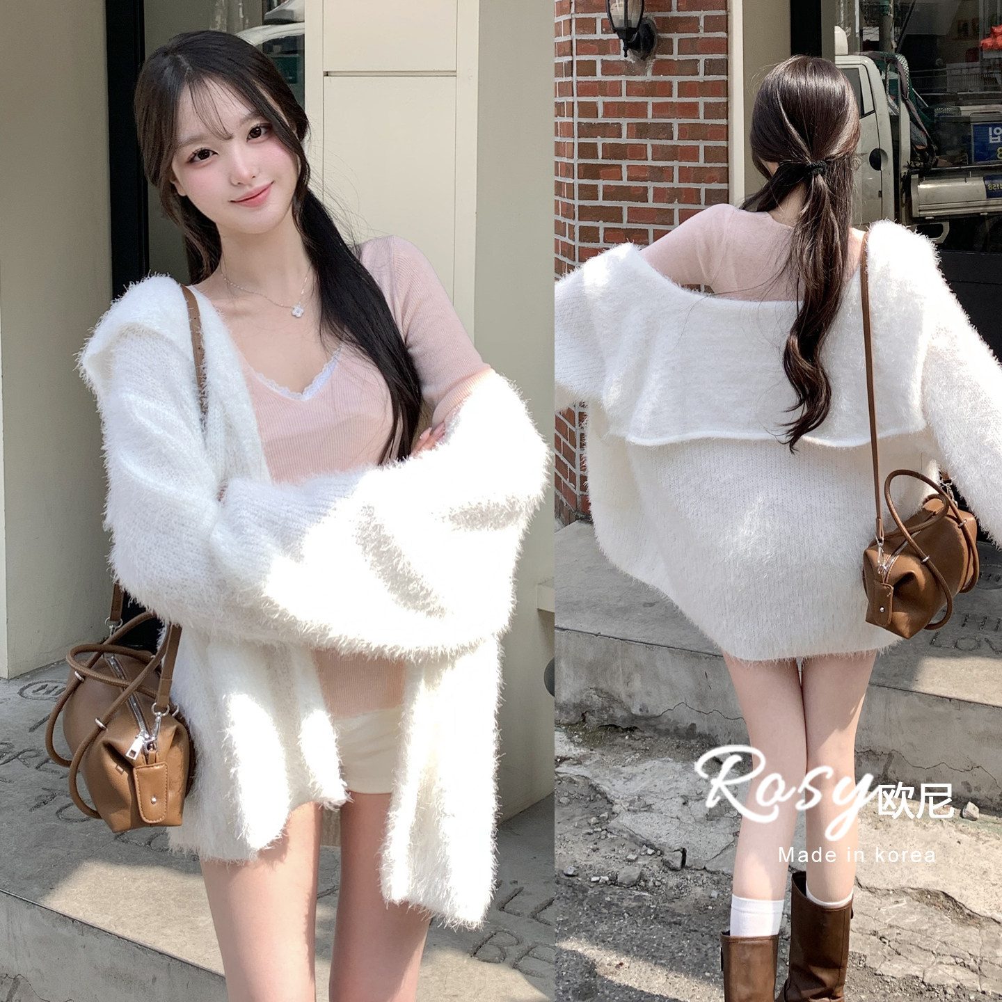 Rose欧尼 韩国代购温柔慵懒风软糯连帽毛衣女宽松针织衫外套