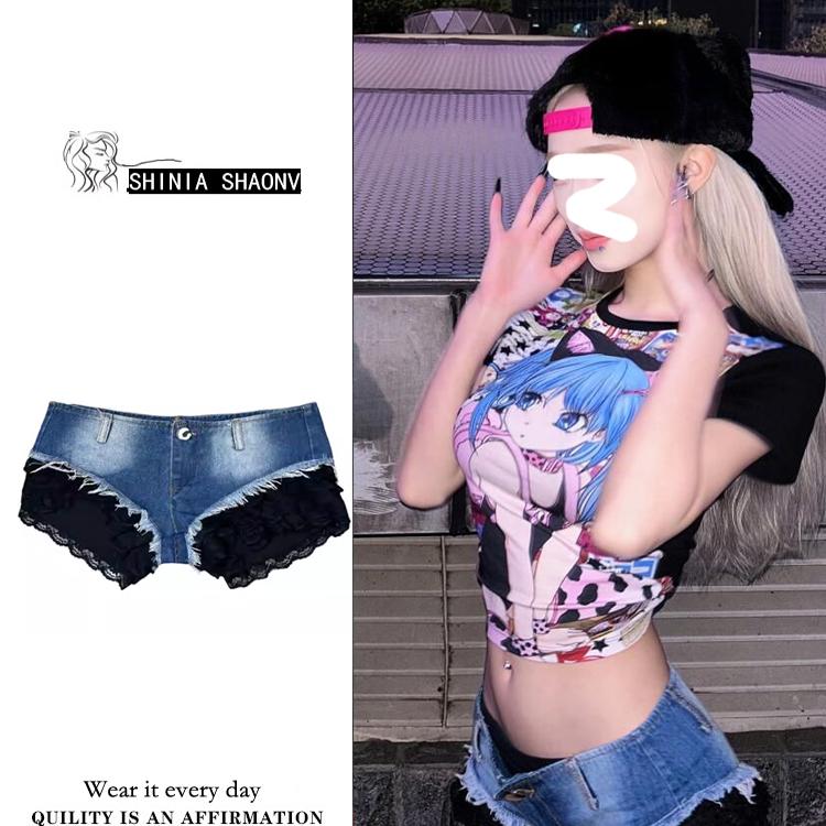 低腰性感蕾丝拼接紧身包臀牛仔裤