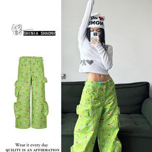 绿色印花多口袋阔腿工装 女设计感小众潮牌宽松个性 休闲直筒长裤 裤