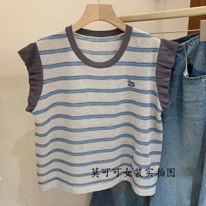 韩系条纹飞袖刺绣针织衫洋气上衣