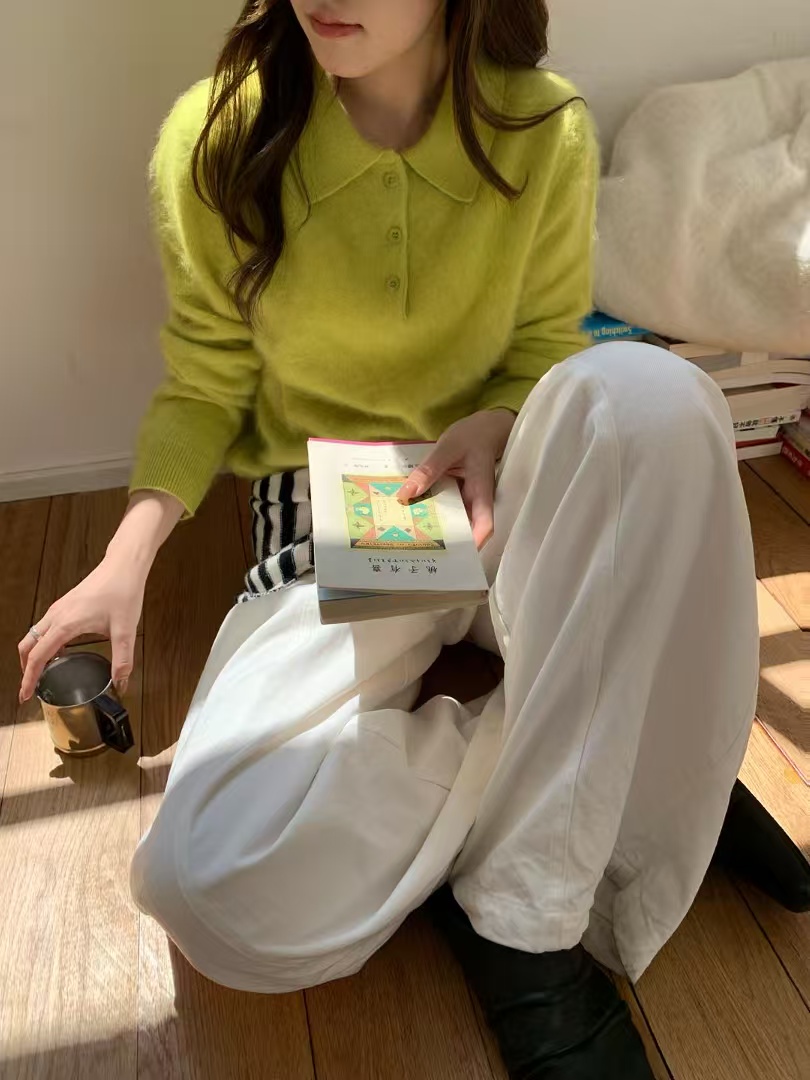 韩系新款丝绒拉毛翻领单排扣针织衫女软糯洋气百搭时尚套头毛衣