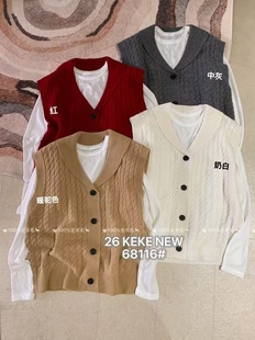 韩系新款翻领麻花针织马甲搭T女叠穿两件套软糯洋气百搭68116