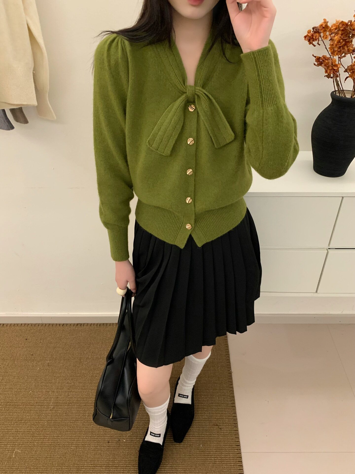 秋季新款蝴蝶结单排扣长袖针织开衫女温柔风毛衣外套洋气百搭Z