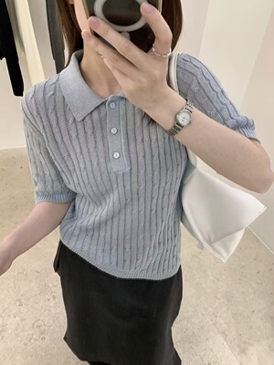 桑蚕丝和纸51655翻领短袖针织衫女26夏季新款减龄洋气百搭