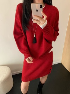 女软糯洋气慵懒风套裙58278 配短裙套装 26早春新款 羊毛圆领针织衫