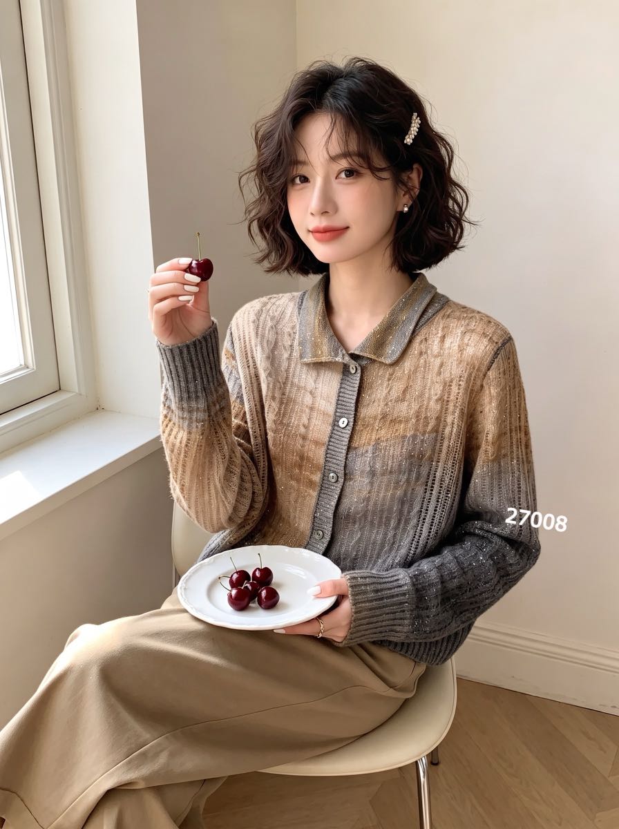 韩系翻领渐变亮片针织开衫显瘦女