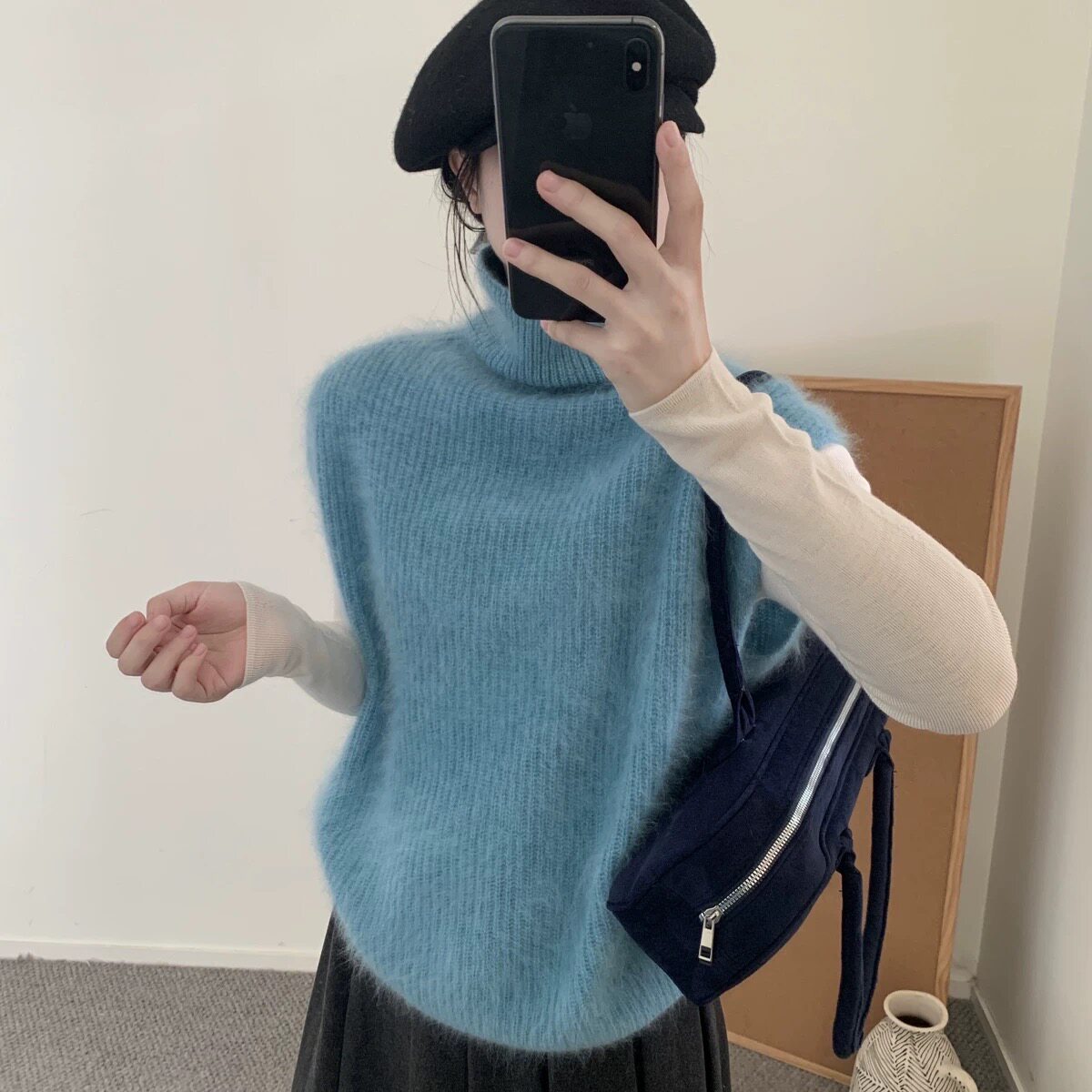 韩系新款高领羊毛拉毛针织马甲无袖背心女软糯洋气百搭上衣M861