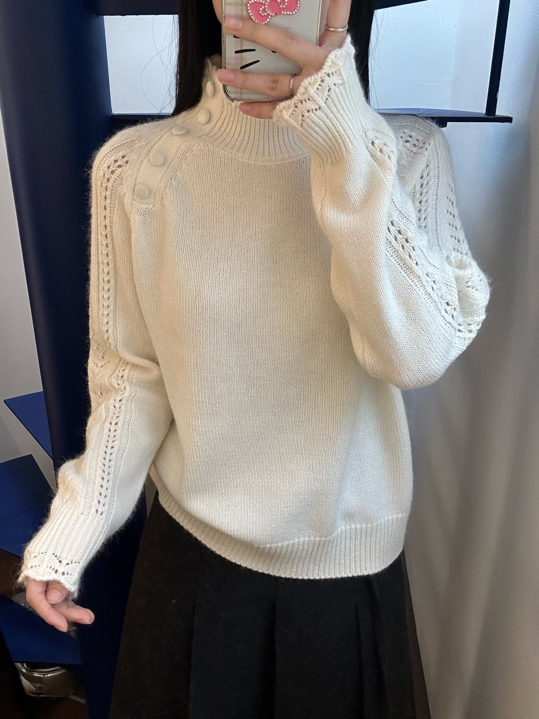 韩系新款半高领侧开扣镂空提花针织衫女软糯洋气温柔风毛衣M2063