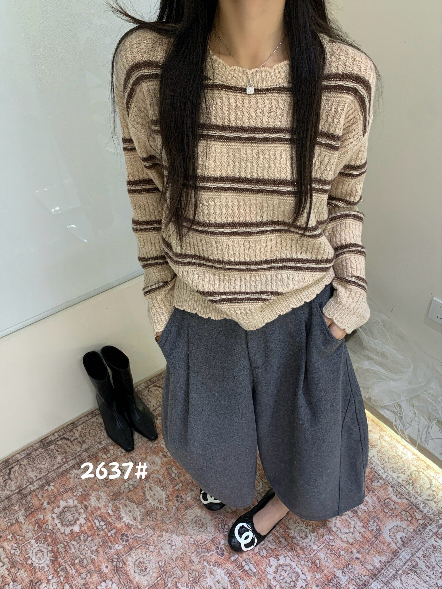 韩系木耳边圆领撞色条纹长袖针织衫女秋冬新款软糯洋气百搭Z2637