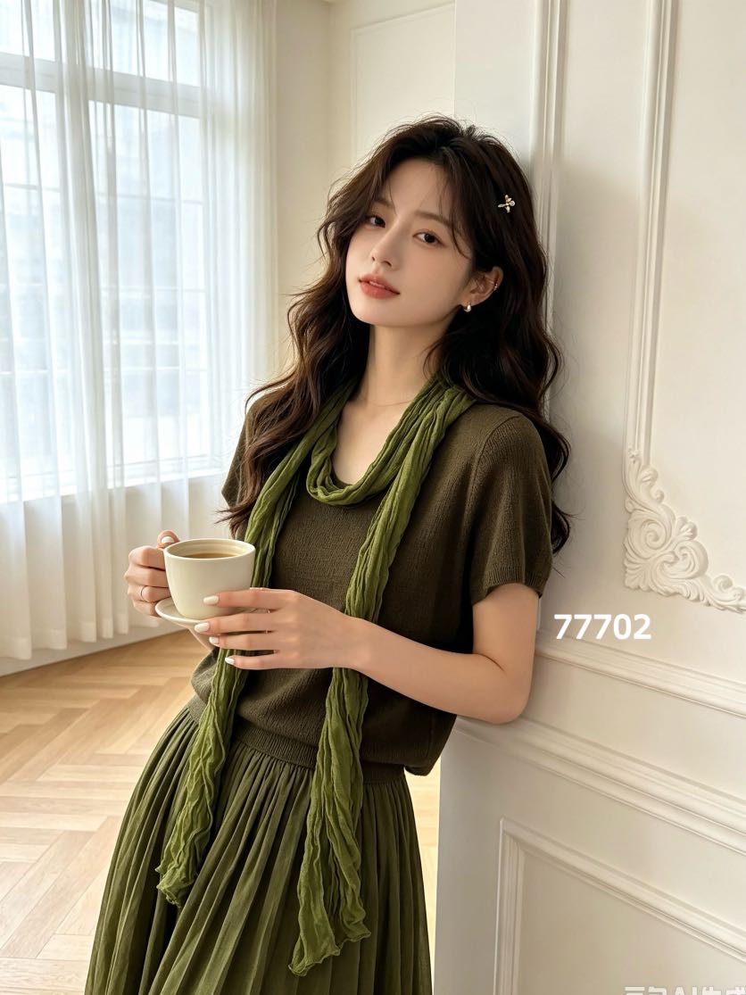 早秋新款U领针织衫短袖配丝巾两件套女宽松显瘦洋气百搭M77702