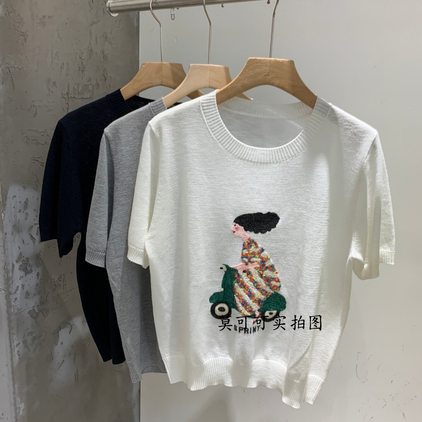 甜美可爱卡通印花短袖针织衫女圆领套头宽松小个子时髦上衣T恤K80