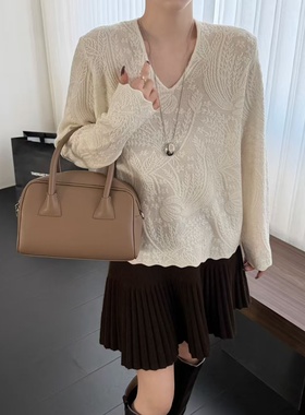 韩系新款V领蕾丝提花拼接针织衫女洋气百搭温柔风毛衣61098
