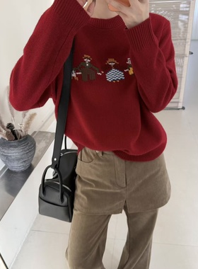 韩系新款圆领卡通人物提花针织衫女软糯洋气百搭休闲毛衣78083