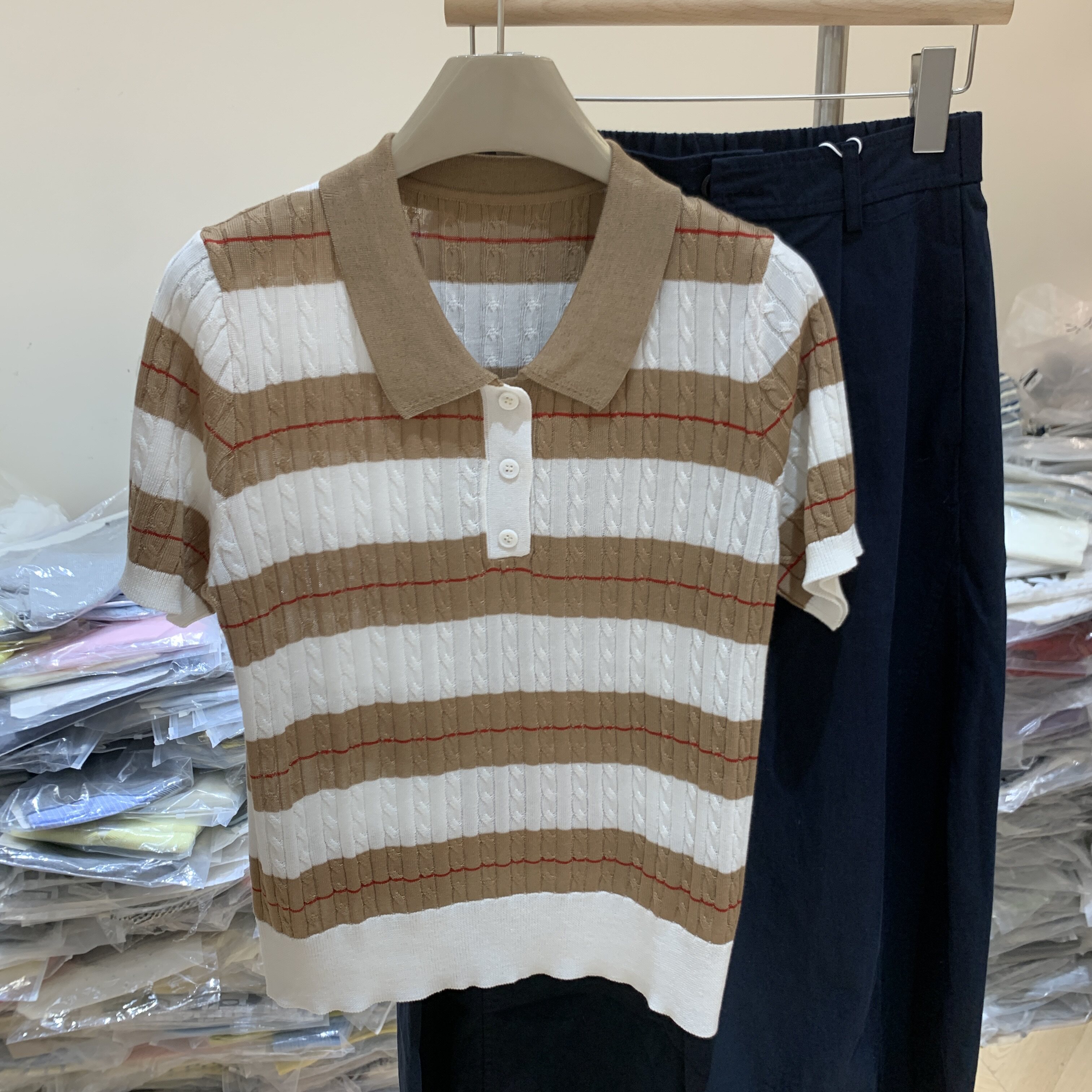 韩版麻花条纹POLO领短袖针织衫女26夏季新款宽松显瘦休闲上衣Z