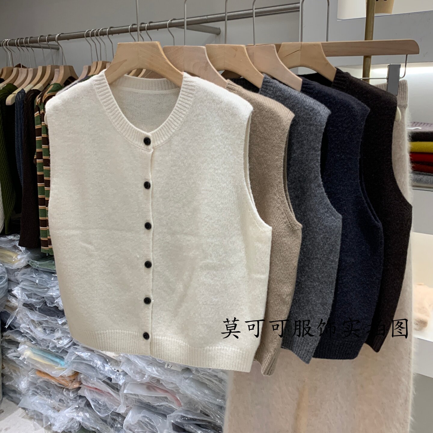 韩系100%羊毛圆领无袖针织马甲