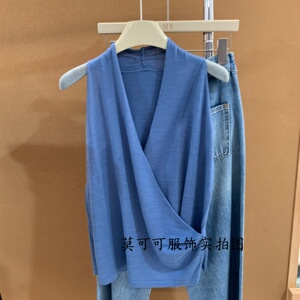 法式简约风V领交叉无袖针织背心女夏季新款修身显瘦性感上衣m