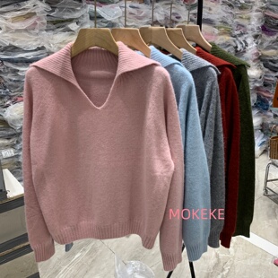 韩系新款大翻领V领长袖针织衫女软糯洋气百搭温柔风套头毛衣8378