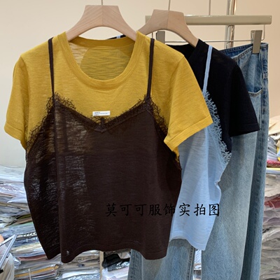蕾丝拼接假两件圆领短袖针织衫女
