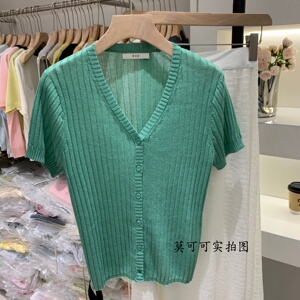 夏季V领短袖针织开衫女薄款