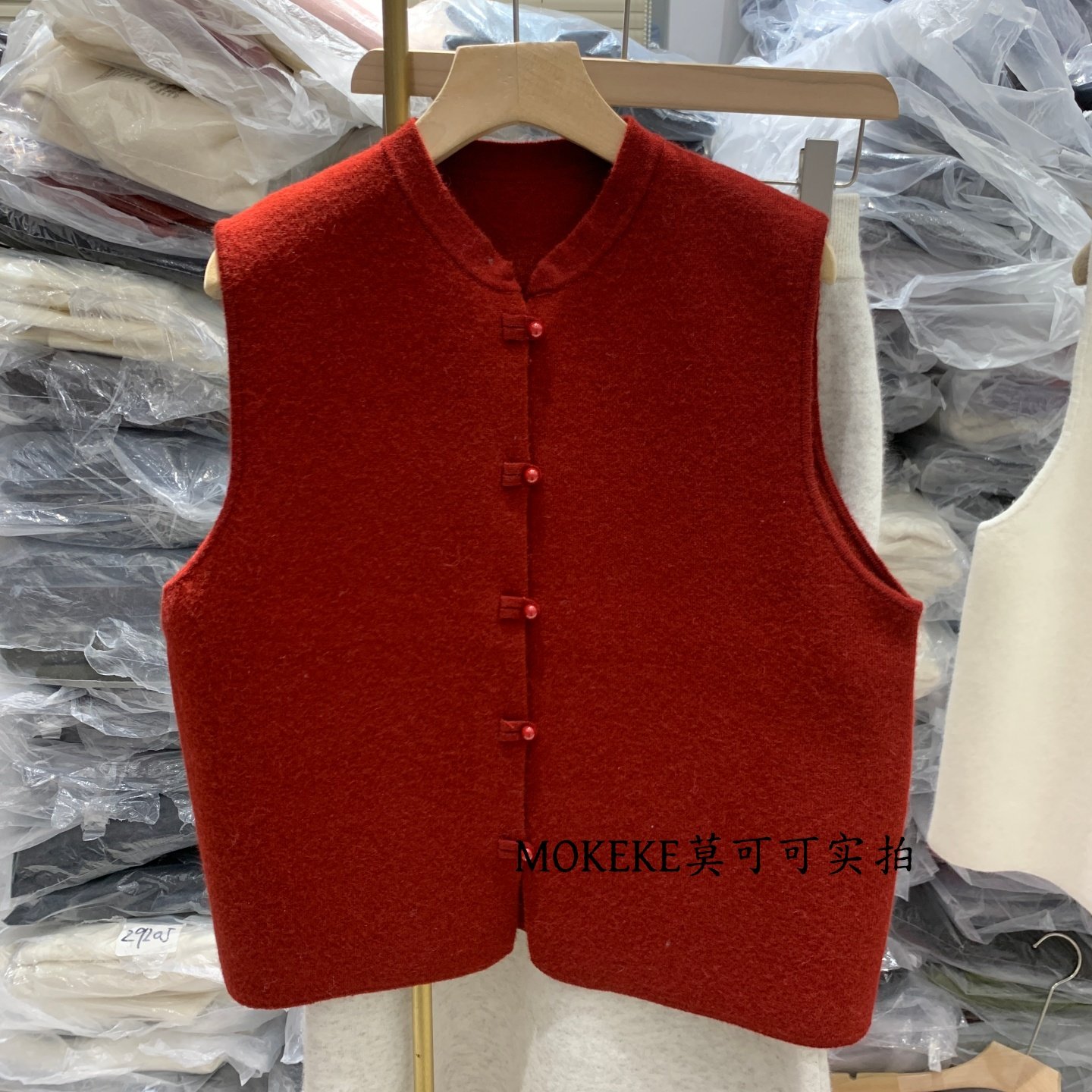 新中式立领盘扣红色针织马甲女无袖圆领气质高级感叠穿背心25235