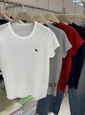 韩系新款小马刺绣圆领麻花针织衫短袖女修身薄款显瘦上衣M26080