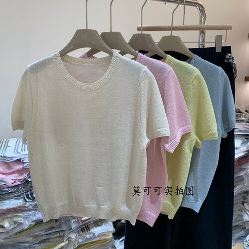 和纸纱亮片圆领短袖女针织衫夏季