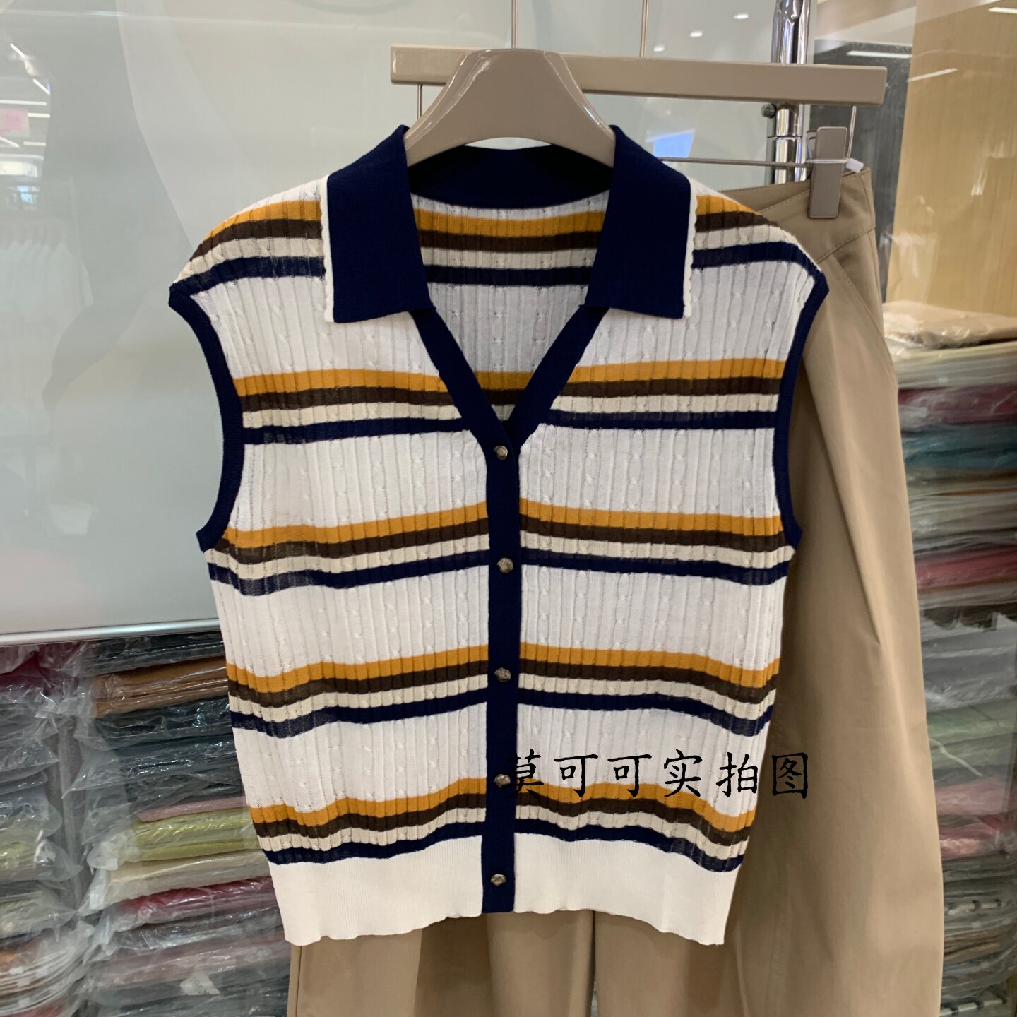 韩版条纹POLO领针织开衫女夏无袖宽松显瘦百搭洋气上衣T恤M16698
