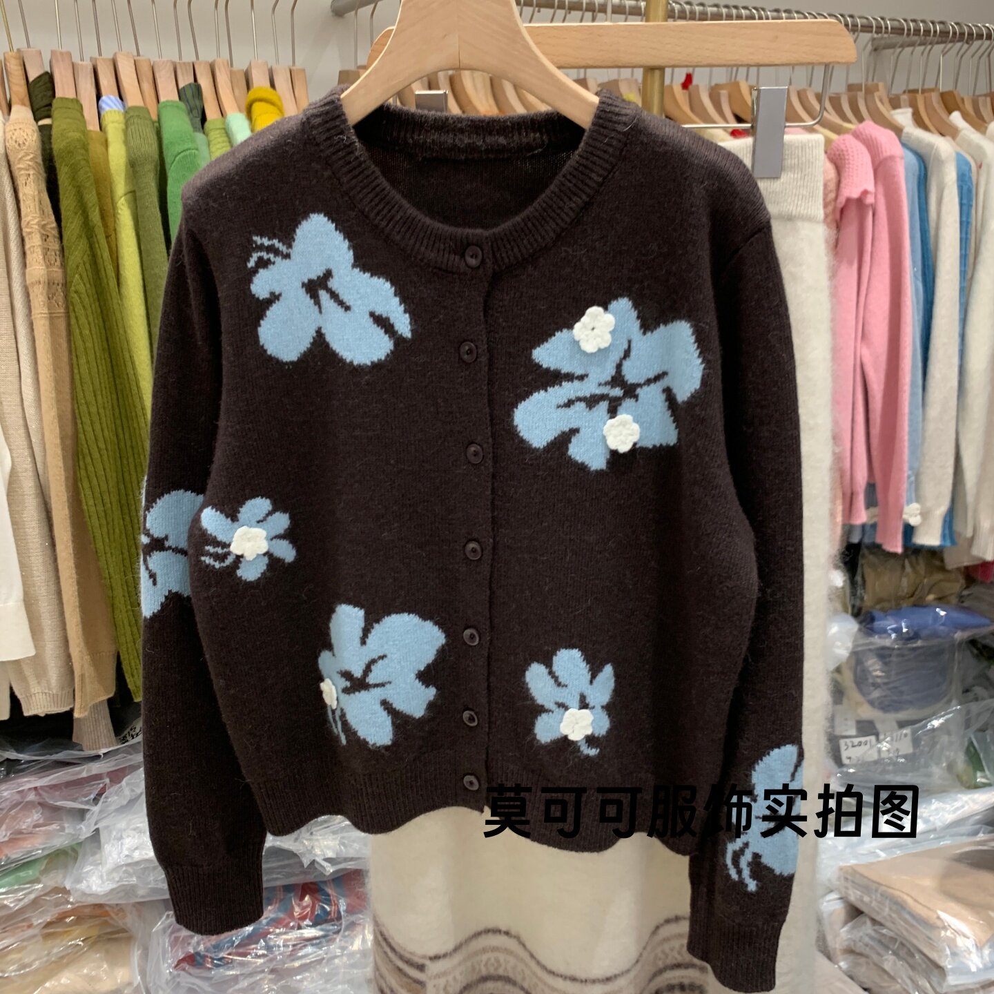 ins风立体花朵提花针织开衫女