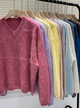 韩系新款羊毛拉毛V领套头毛衣高级感软糯慵懒风洋气百搭79002-1
