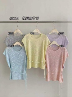 短袖 春夏新款 亚麻竹节插肩袖 系带针织衫 洋气百搭Z5330 女简约时尚